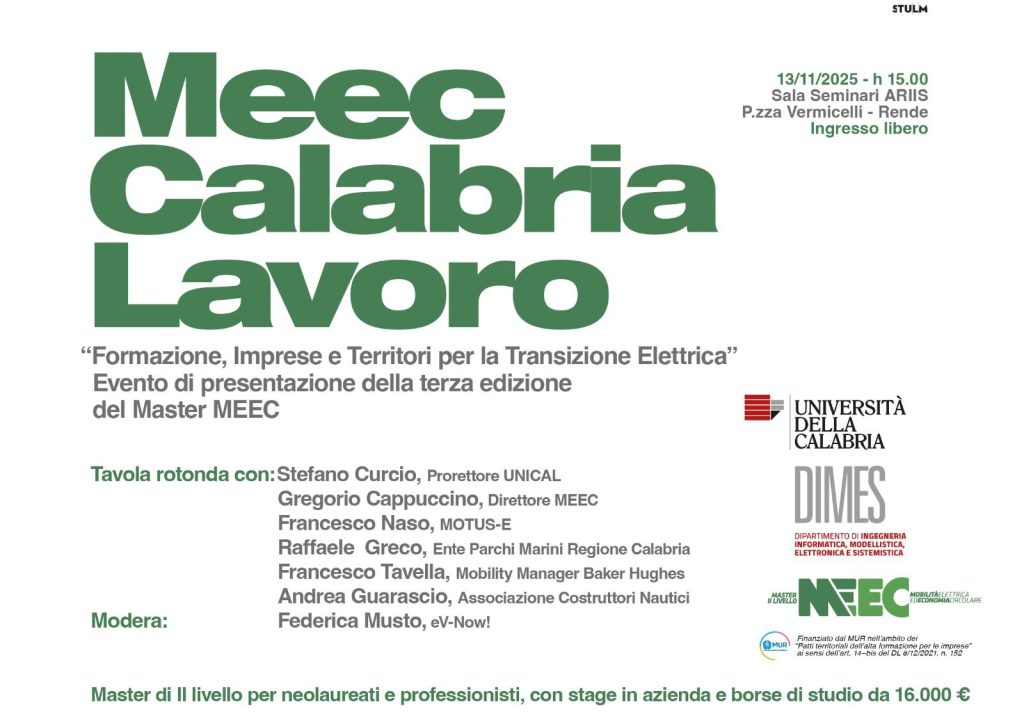 Locandina dell'evento MEEC Calabria Lavoro del 13 novembre 2025: formazione, imprese e territori per la transizione elettrica