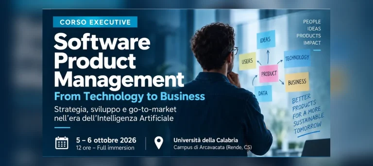 Corso executive Software Product Management – From Technology to Business: un professionista osserva una mappa di post-it su prodotto, utenti, dati e business