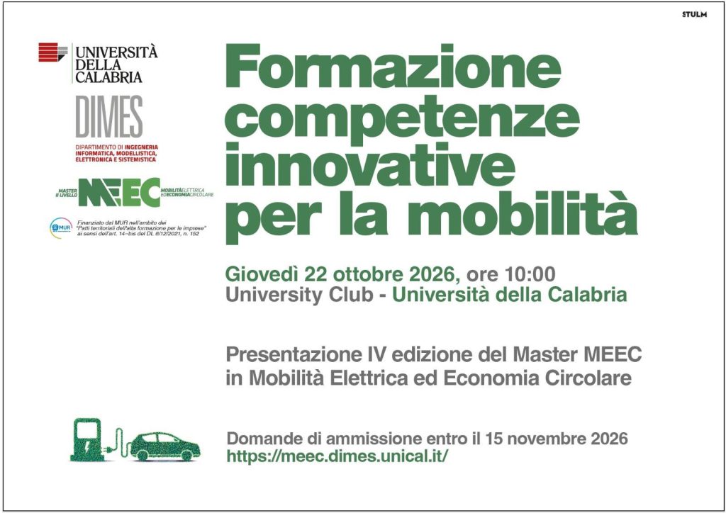 Locandina dell'incontro «Formazione competenze innovative per la mobilità», presentazione della IV edizione del Master MEEC: giovedì 22 ottobre 2026, ore 10:00, University Club, Università della Calabria. Domande di ammissione entro il 15 novembre 2026.